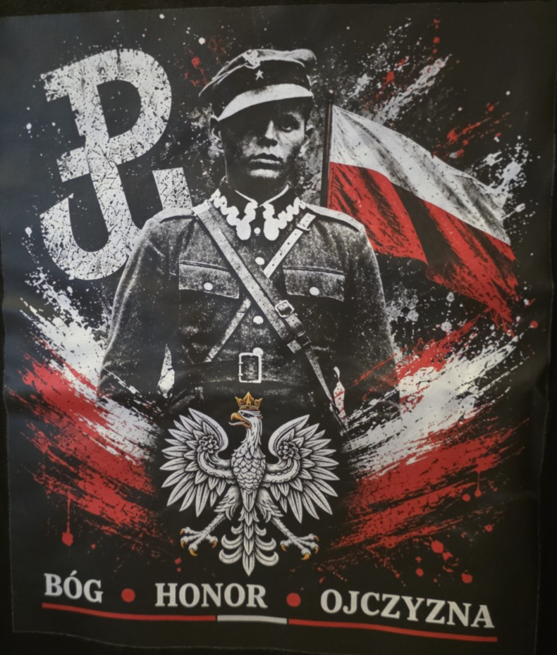 Oryginalna grafika z portretem Jana Kempińskiego Błyska, polską flagą i orłem w koronie